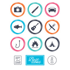 Camping travel icons. Fishing, campfire and tourist tent signs. Guitar music, fork and knife symbols. Report document, information icons. Vector