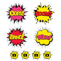 Comic Boom, Wow, Oops sound effects. Businessman case icons. Cash money diplomat signs. Dollar, euro and pound symbols. Speech bubbles in pop art. Vector