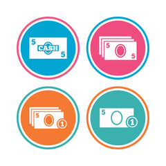 Businessman case icons. Currency with coins sign symbols. Colored circle buttons. Vector