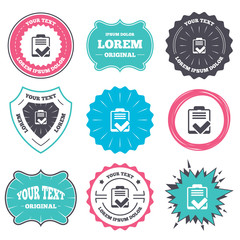 Label and badge templates. Checklist sign icon. Control list symbol. Survey poll or questionnaire feedback form. Retro style banners, emblems. Vector