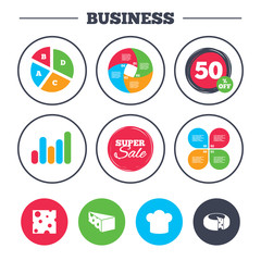 Business pie chart. Growth graph. Cheese icons. Round cheese wheel sign. Sliced food with chief hat symbols. Super sale and discount buttons. Vector