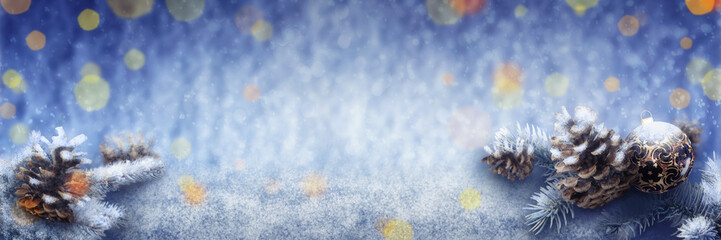 christmas winter banner with snow, bauble and pine cones ( xmas , new year )