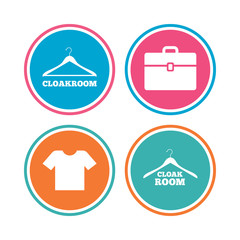 Cloakroom icons. Hanger wardrobe signs. T-shirt clothes and baggage symbols. Colored circle buttons. Vector
