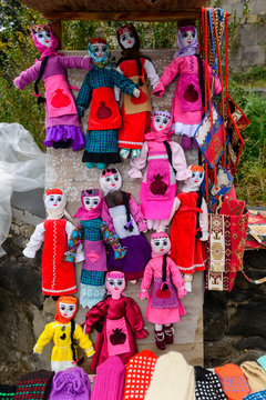 Haghpat, Armenia - OCTOBER 22, 2016: The handcrafted dolls, shoes and carpets, on October 22 in Haghpat.