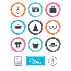 Accessories, clothes icons. Shirt with tie, glasses signs. Dress and engagement ring symbols. Report document, information icons. Vector