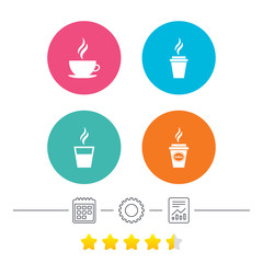 Coffee cup icon. Hot drinks glasses symbols. Take away or take-out tea beverage signs. Calendar, cogwheel and report linear icons. Star vote ranking. Vector