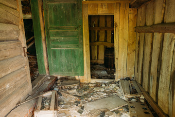 Wooden Inner Porch Of Abandoned Private Country House In Evacuat