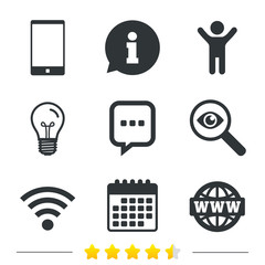 Communication icons. Smartphone and chat speech bubble symbols. Wifi and internet globe signs. Information, light bulb and calendar icons. Investigate magnifier. Vector