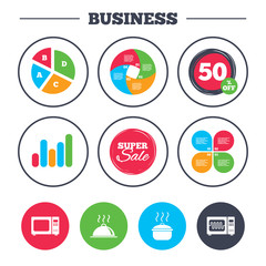 Business pie chart. Growth graph. Microwave grill oven icons. Cooking pan signs. Food platter serving symbol. Super sale and discount buttons. Vector