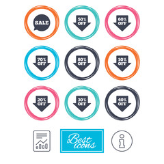 Sale discounts icons. Special offer signs. Shopping price tag symbols. Report document, information icons. Vector