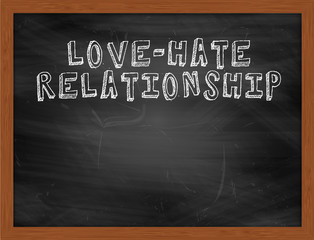 LOVEHATE RELATIONSHIP handwritten text on black chalkboard