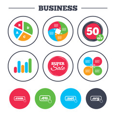 Business pie chart. Growth graph. Top-level internet domain icons. Com, Eu, Net and Org symbols with hand pointer. Unique DNS names. Super sale and discount buttons. Vector