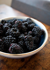Fresh Blackberries in Blue and White Bowl