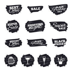 Ink brush sale stripes and banners. Alcoholic drinks icons. Champagne sparkling wine with bubbles and beer symbols. Wine glass and cocktail signs. Black friday. Ink stroke. Vector