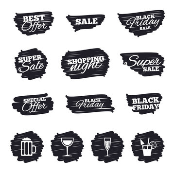 Ink Brush Sale Stripes And Banners. Alcoholic Drinks Icons. Champagne Sparkling Wine With Bubbles And Beer Symbols. Wine Glass And Cocktail Signs. Black Friday. Ink Stroke. Vector