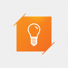 Light bulb icon. Lamp E14 screw socket symbol. Led light sign. Orange square label on pattern. Vector