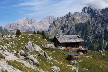 Fototapeta na wymiar View to hightest peak Dolomites /mountains Dolomiti Marmolada 3343 m, from south.
