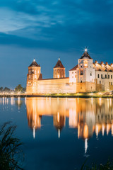 Belarus. Scenic View Of Mir Castle Complex In Bright Evening Ill