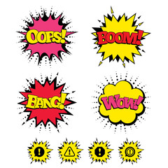 Comic Boom, Wow, Oops sound effects. Attention icons. Exclamation speech bubble symbols. Caution signs. Speech bubbles in pop art. Vector