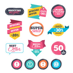 Obraz premium Sale stickers, online shopping. Attention icons. Exclamation speech bubble symbols. Caution signs. Website badges. Black friday. Vector
