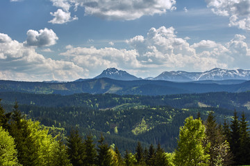 Mountain landscape in the Beskid Mountains in Slovakia in spring.