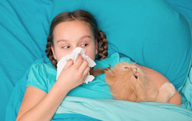 The child lies in bed with a cat. Allergy and rhinitis