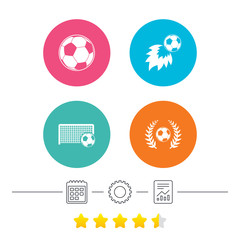 Football icons. Soccer ball sport sign. Goalkeeper gate symbol. Winner award laurel wreath. Goalscorer fireball. Calendar, cogwheel and report linear icons. Star vote ranking. Vector