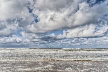 Wind and waves create foam on the beach