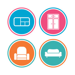 Furniture icons. Sofa, cupboard, and book shelf signs. Modern armchair symbol. Colored circle buttons. Vector
