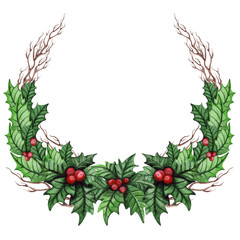 Wreath with Watercolor Holly and Tree Branches
