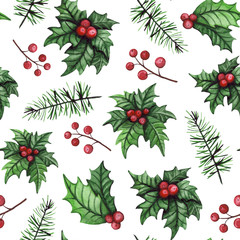 Watercolor Holly and Pine Branch Seamless Pattern