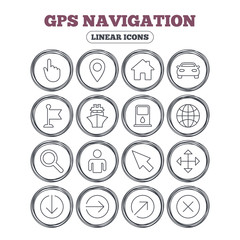 GPS navigation icons. Car and Ship transport. You are here, map pointer symbols. Search gas or petrol stations, hotels. Circle flat buttons with linear icons. Vector