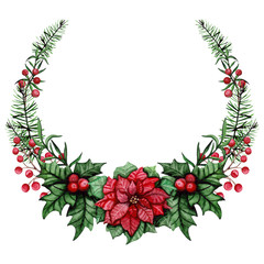 Wreath with Watercolor Colorful Holly and Poinsettia