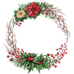 Wreath with Watercolor Tree Branches, Poinsettia and Berries