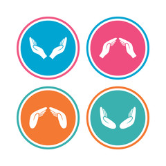 Hands icons. Insurance protection signs. Human helping donation hands. Prayer meditation hands sybmols. Colored circle buttons. Vector