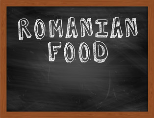 ROMANIAN FOOD handwritten text on black chalkboard