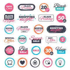 Sale shopping stickers and banners. Heart ribbon icon. Timer stopwatch symbol. Love and Heartbeat palpitation signs. Website badges. Black friday. Vector