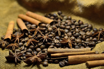 Coffee beans, cinnamon sticks and star anise