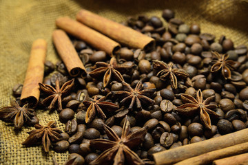 Coffee beans, cinnamon sticks and star anise