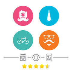 Hipster photo camera. Mustache with beard icon. Glasses and tie symbols. Bicycle family vehicle sign. Calendar, cogwheel and report linear icons. Star vote ranking. Vector