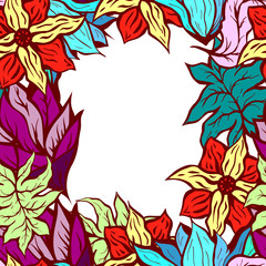 Invitation and greeting card template with bright floral background of hand drawn doodle flowers