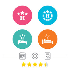 Three stars hotel icons. Travel rest place symbols. Human sleep in bed sign. Calendar, cogwheel and report linear icons. Star vote ranking. Vector