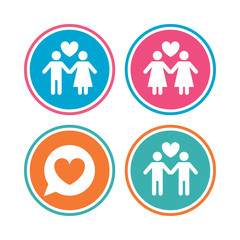 Couple love icon. Lesbian and Gay lovers signs. Romantic homosexual relationships. Speech bubble with heart symbol. Colored circle buttons. Vector