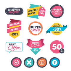 Sale stickers, online shopping. Information icons. Delete and question FAQ mark signs. Approved check mark symbol. Website badges. Black friday. Vector