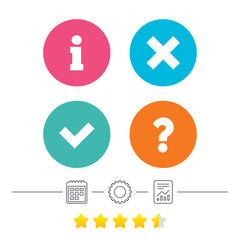 Fototapeta premium Information icons. Delete and question FAQ mark signs. Approved check mark symbol. Calendar, cogwheel and report linear icons. Star vote ranking. Vector