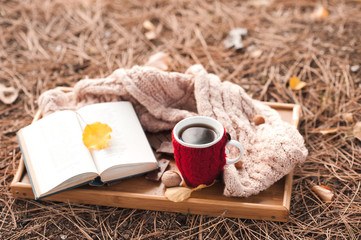 Knitted cup of coffee with open book ad knitted scarf staying on wooden tray outdoors. Top view. Selective focus.