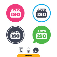 ISO Auto photo camera sign icon. Settings symbol. Report document, information sign and light bulb icons. Vector