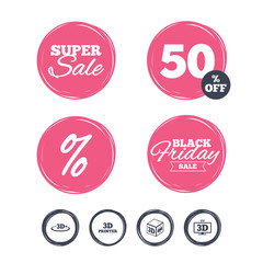 Super sale and black friday stickers. 3d technology icons. Printer, rotation arrow sign symbols. Print cube. Shopping labels. Vector