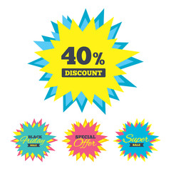 Sale stickers and banners. 40 percent discount sign icon. Sale symbol. Special offer label. Star labels. Vector