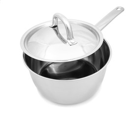 Steel  pan with cover and handle isolated on white